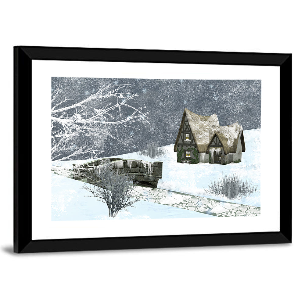 Starry Winter Cottage and Frozen Stream Wall Art