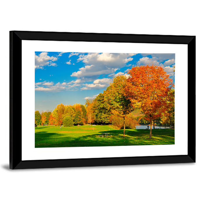 Autumn Trees and Lakeside Lawn Wall Art as a framed print