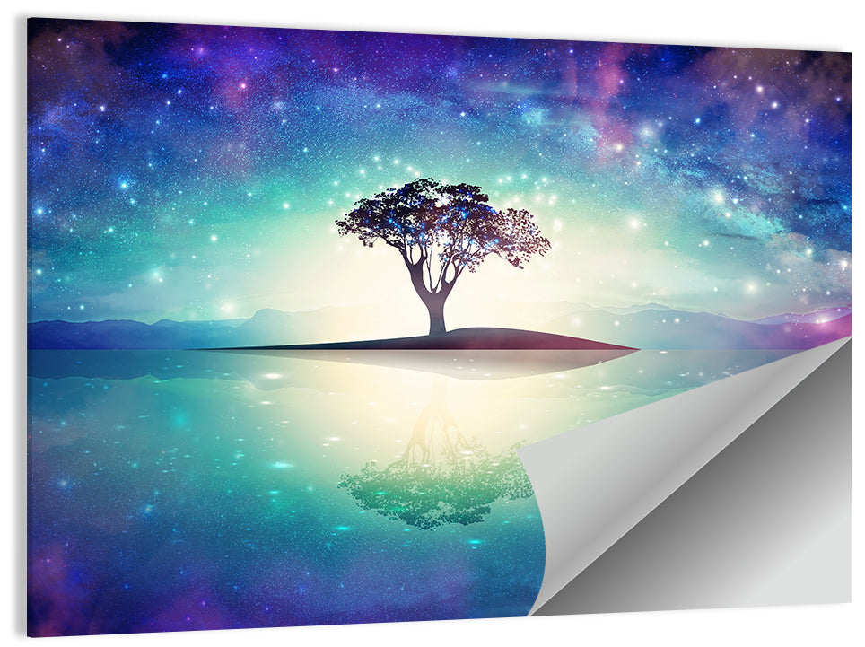 Glowing Island Tree Under Starry Nebula Wall Art