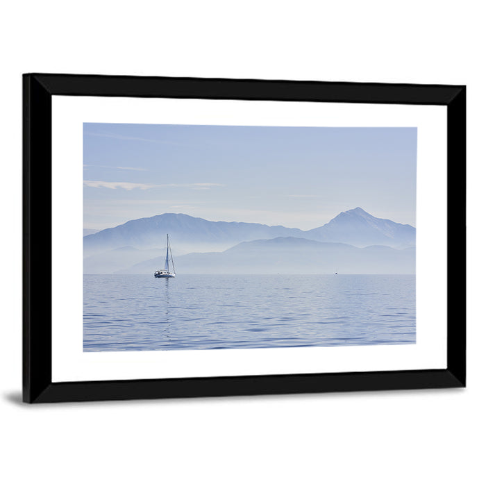 Sailboat and Misty Mountains Wall Art as a framed print