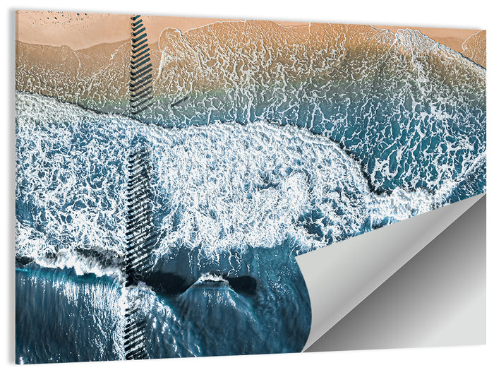 Aerial Pier Pilings Over Surf Wall Art as a poster print
