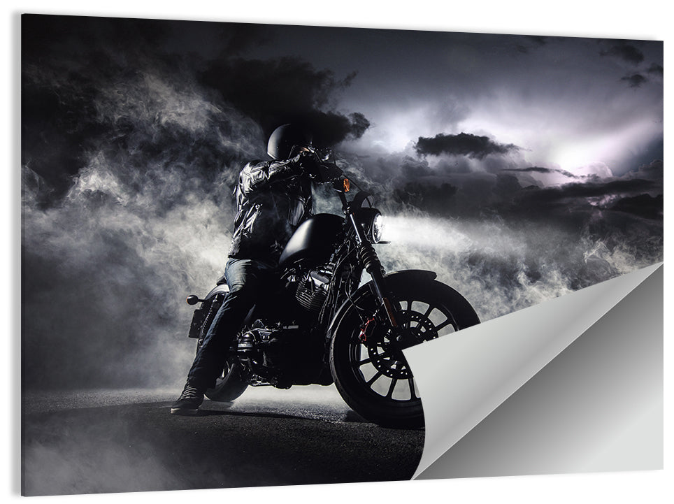 Motorcyclist in Fog at Night Wall Art