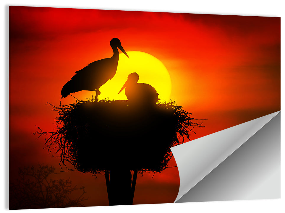 Storks in Nest at Sunset Wall Art