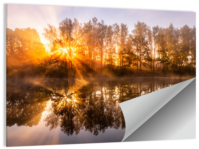 Misty Sunrise Over Pond Wall Art as a poster print