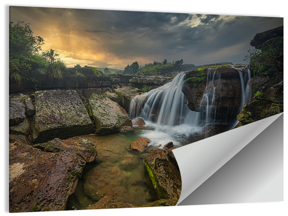 Mossy Rocks Waterfall at Golden Sky Wall Art