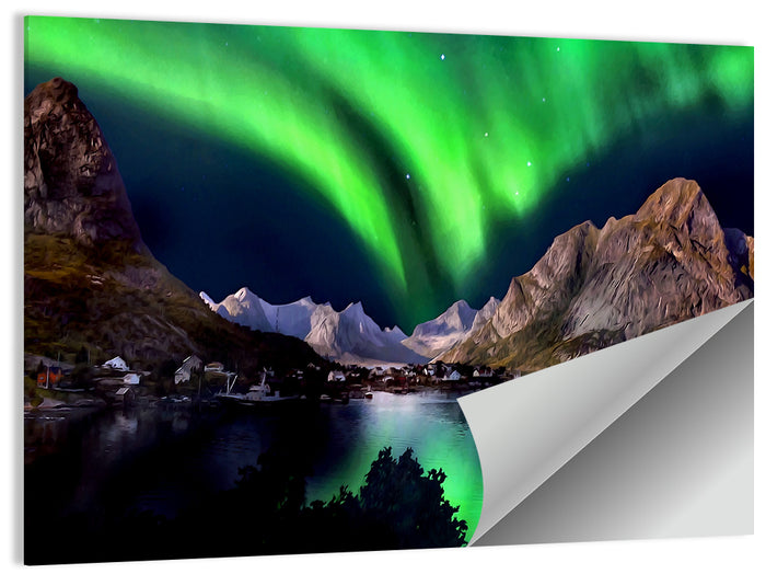 Northern Lights Over Snow Capped Mountains Wall Art as a poster print