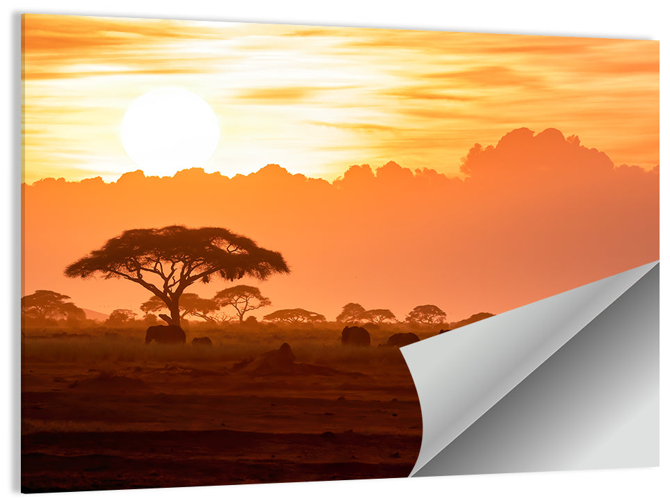 African Elephant Herd at Sunset Wall Art