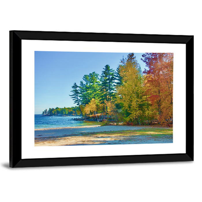 Sebago Lake Pier in Autumn Wall Art as a framed print