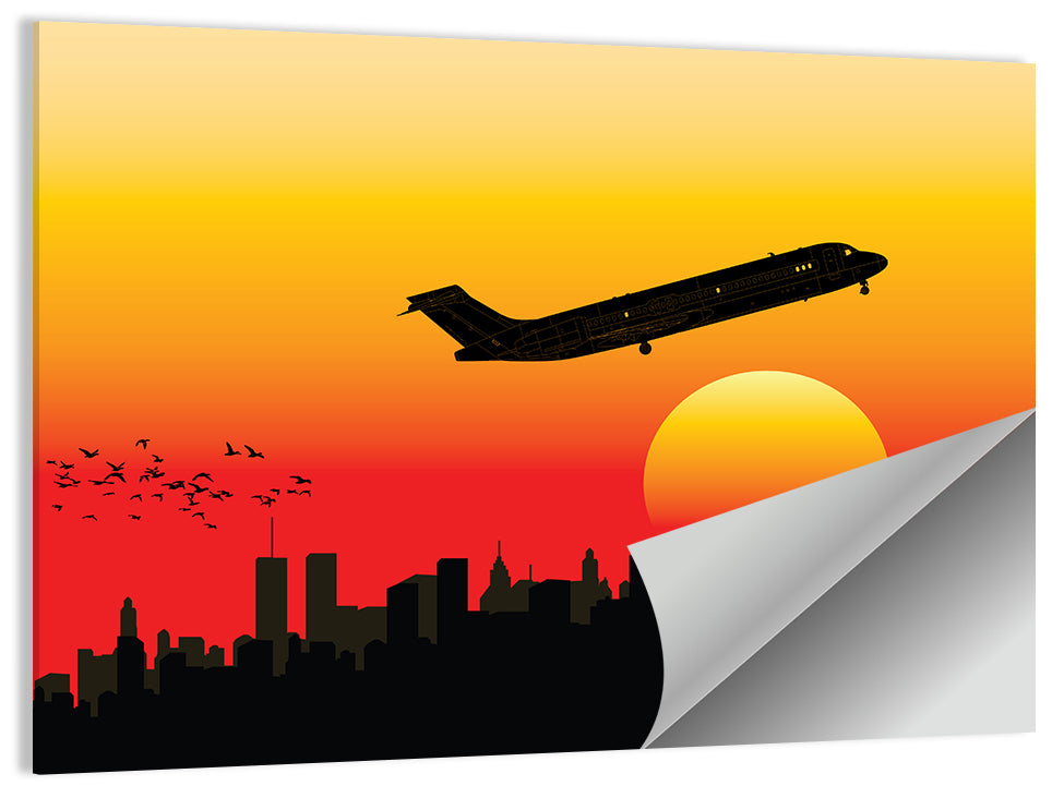 Airplane Over Sunset Skyline Wall Art