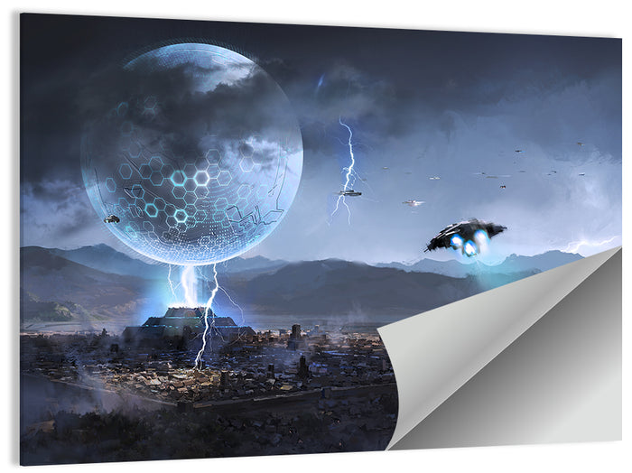 Alien Planet Cityscape with Spaceships Wall Art as a poster print