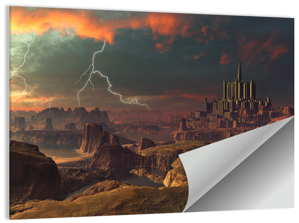 Dusk Storm Over Alien Fortress Wall Art