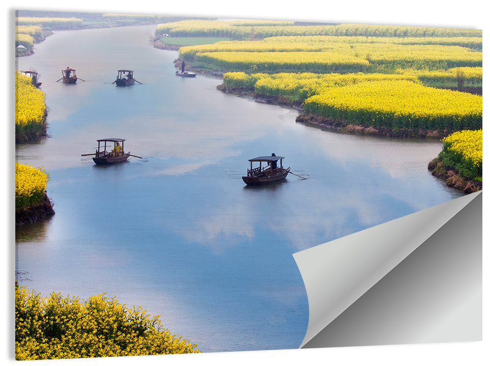 Spring River Rowboats in Rapeseed Fields Wall Art