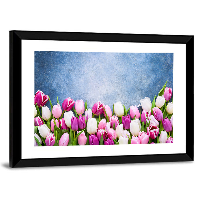 Tulips on Textured Blue Wall Art as a framed print