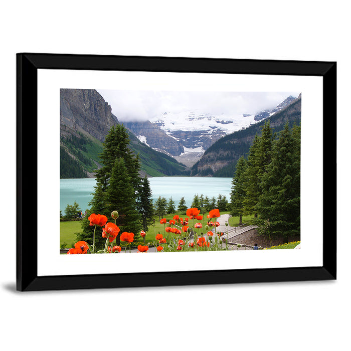 Lake Louise Poppies Wall Art as a framed print