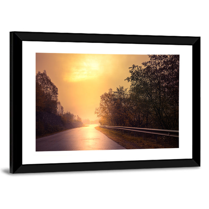 Windy Misty Forest Road Wall Art as a framed print