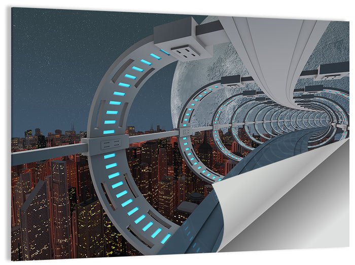 Futuristic City Tunnel with Moon Wall Art as a poster print