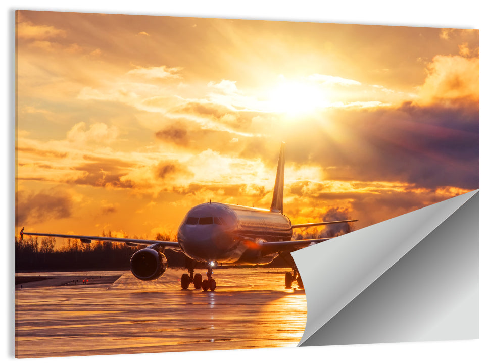 Golden Hour Airliner on Wet Runway Wall Art