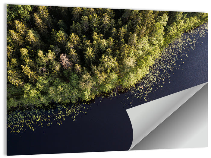 Aerial Lake with Red Boat Wall Art as a poster print