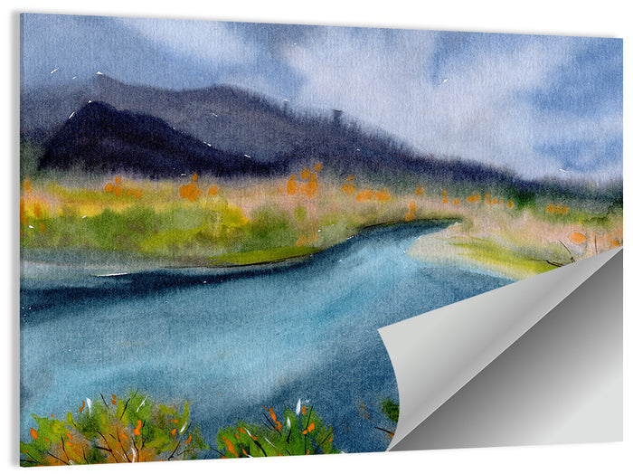 Misty Autumn River and Mountain Landscape Wall Art as a poster print
