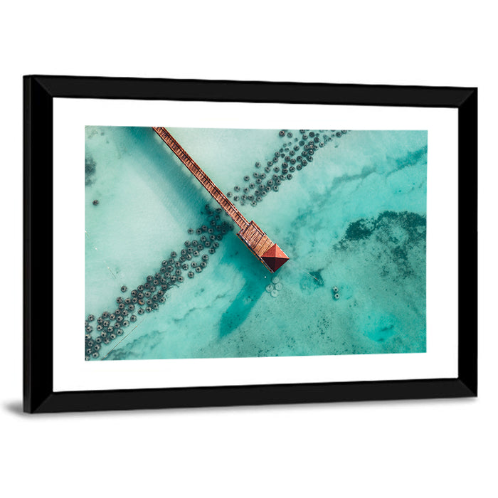 Aerial Red Pier Over Turquoise Water Wall Art as a framed print