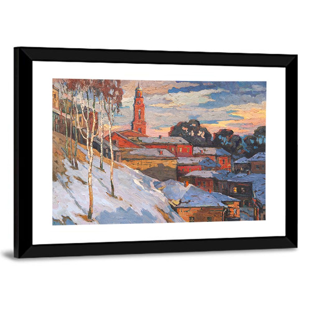 Snowy Village with Church Tower Wall Art