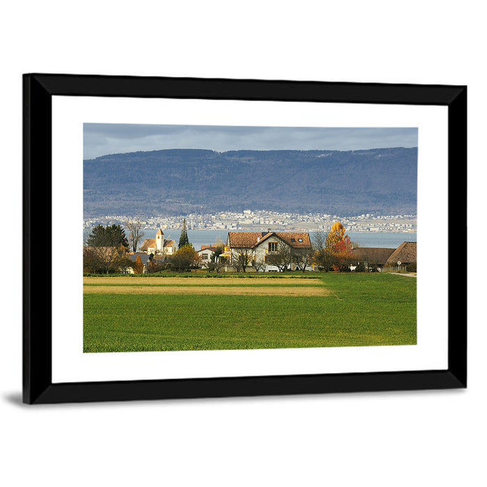 Lake Neuchatel Countryside View Wall Art as a framed print