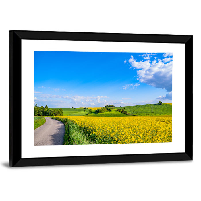 Rapeseed Field Road Under Blue Sky Wall Art as a framed print