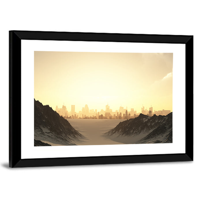 Futuristic City Sunset Wall Art as a framed print