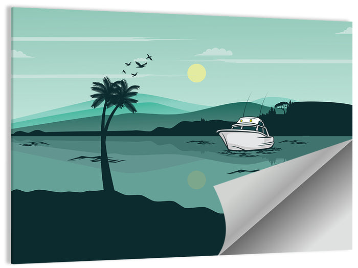 Teal Lake Boat with Palm Tree Wall Art as a poster print