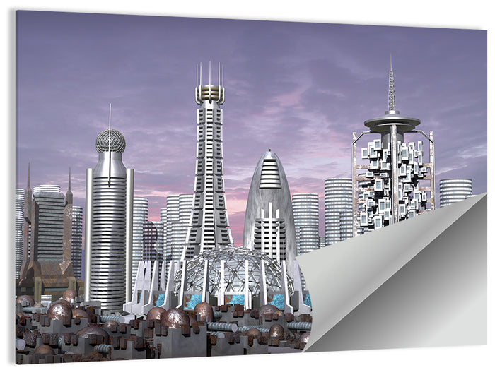 Purple Dusk Futuristic Cityscape Wall Art as a poster print