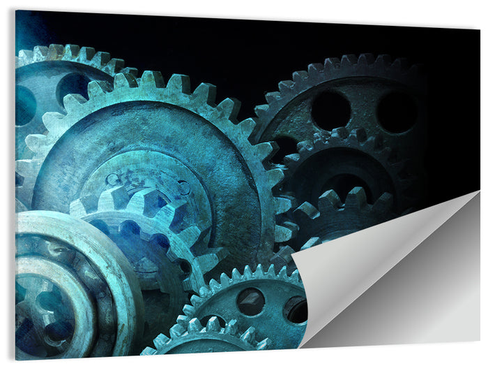 Teal and Steel Cogwheel Close-up Wall Art as a poster print