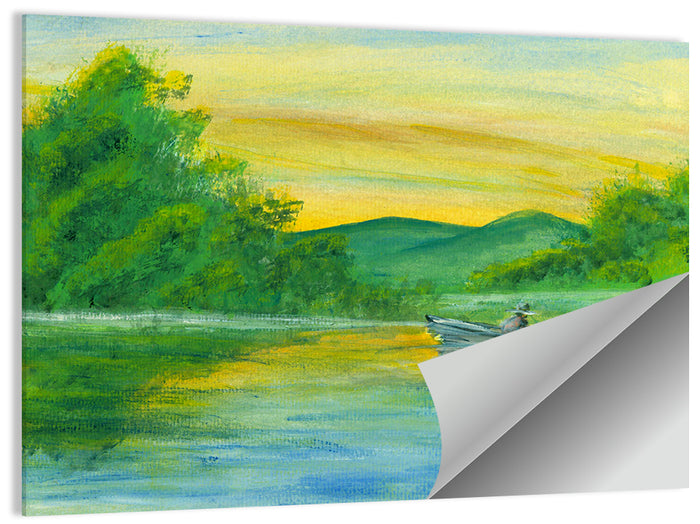 Rowboat on Serene Lake Watercolor Wall Art as a poster print