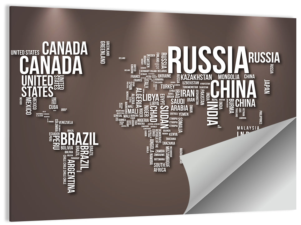 World Map Typography in Brown and White Wall Art