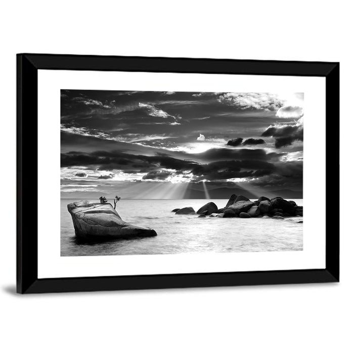Bonsai Rock with Sunbeams Wall Art as a framed print