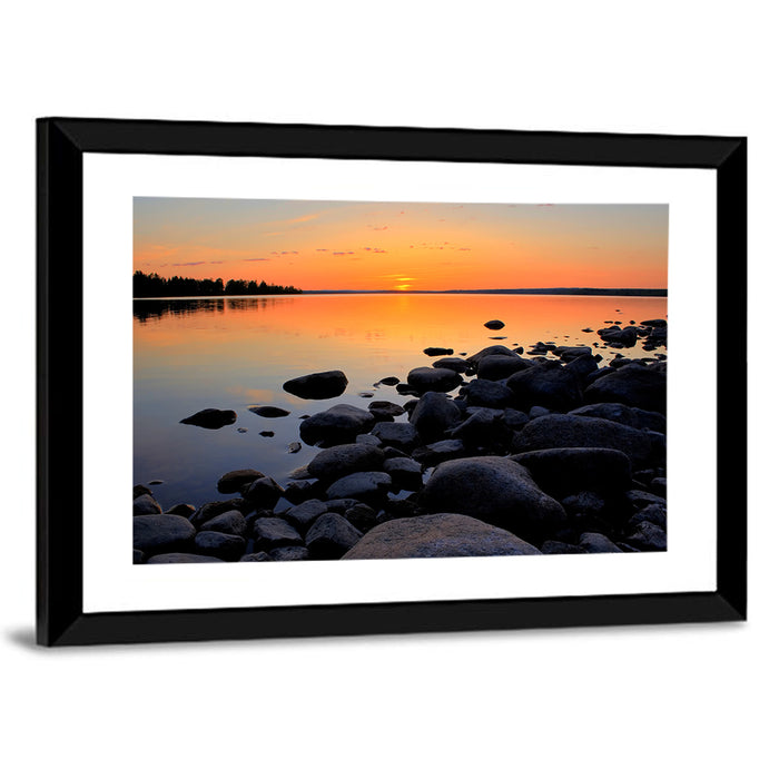 Rocky Lake Sunset Wall Art as a framed print