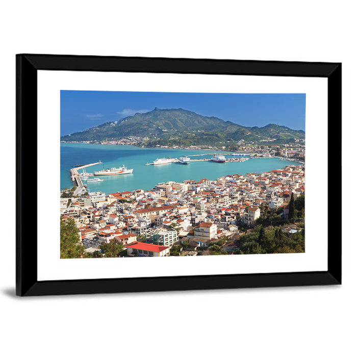 Zakynthos Harbor View Wall Art as a framed print