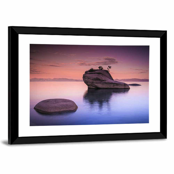 Bonsai Rock Sunrise Lake Tahoe Wall Art as a framed print