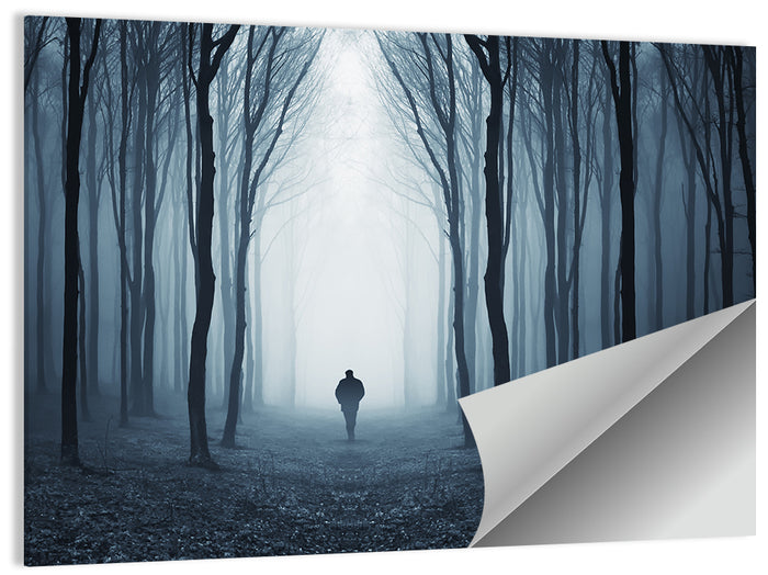 Lone Figure in Misty Forest Wall Art as a poster print