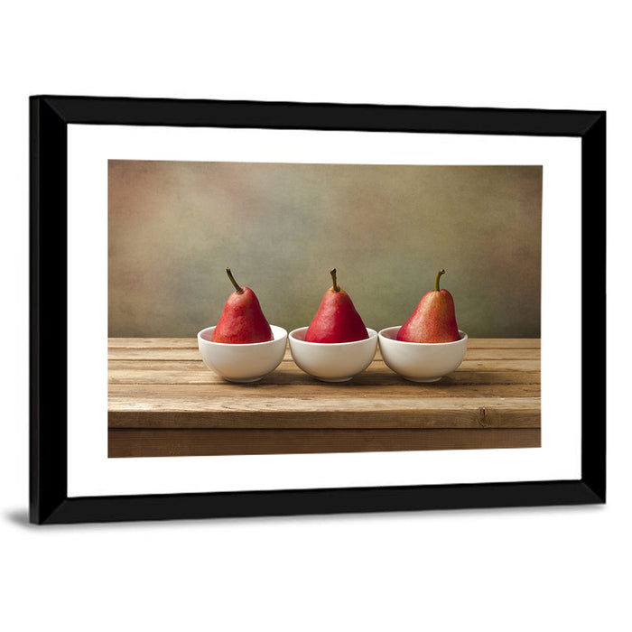 Three Red Pears in Bowls Wall Art as a framed print
