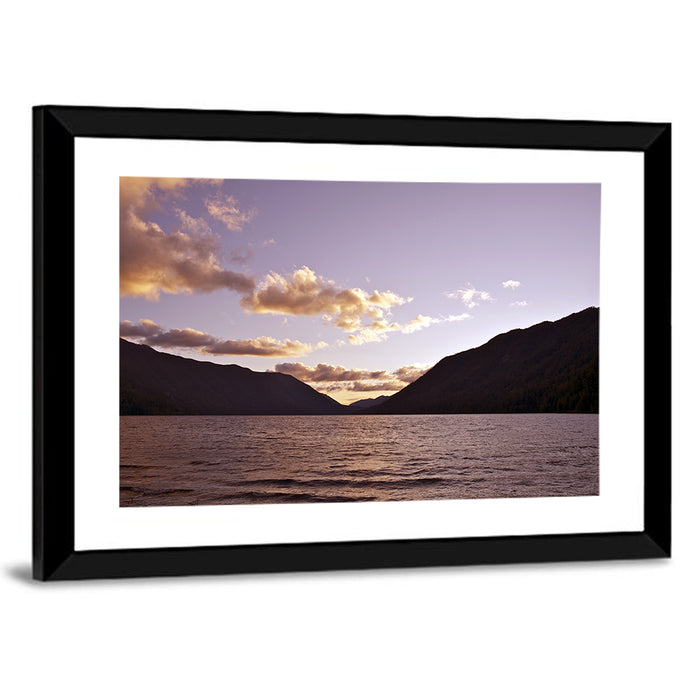 Purple Sunset Over Lake Crescent Wall Art as a framed print