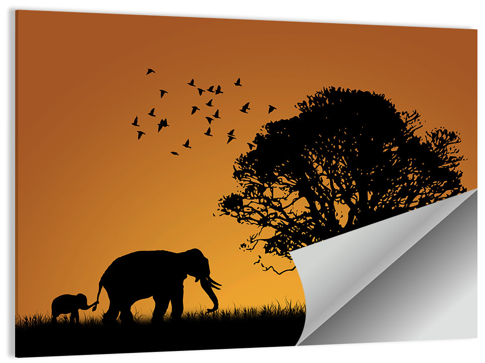 Elephant Family at Golden Sunset Wall Art