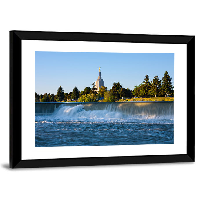 Idaho Falls Temple and Waterfall Wall Art as a framed print