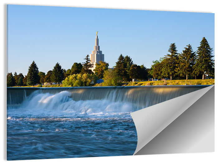 Idaho Falls Temple and Waterfall Wall Art as a poster print