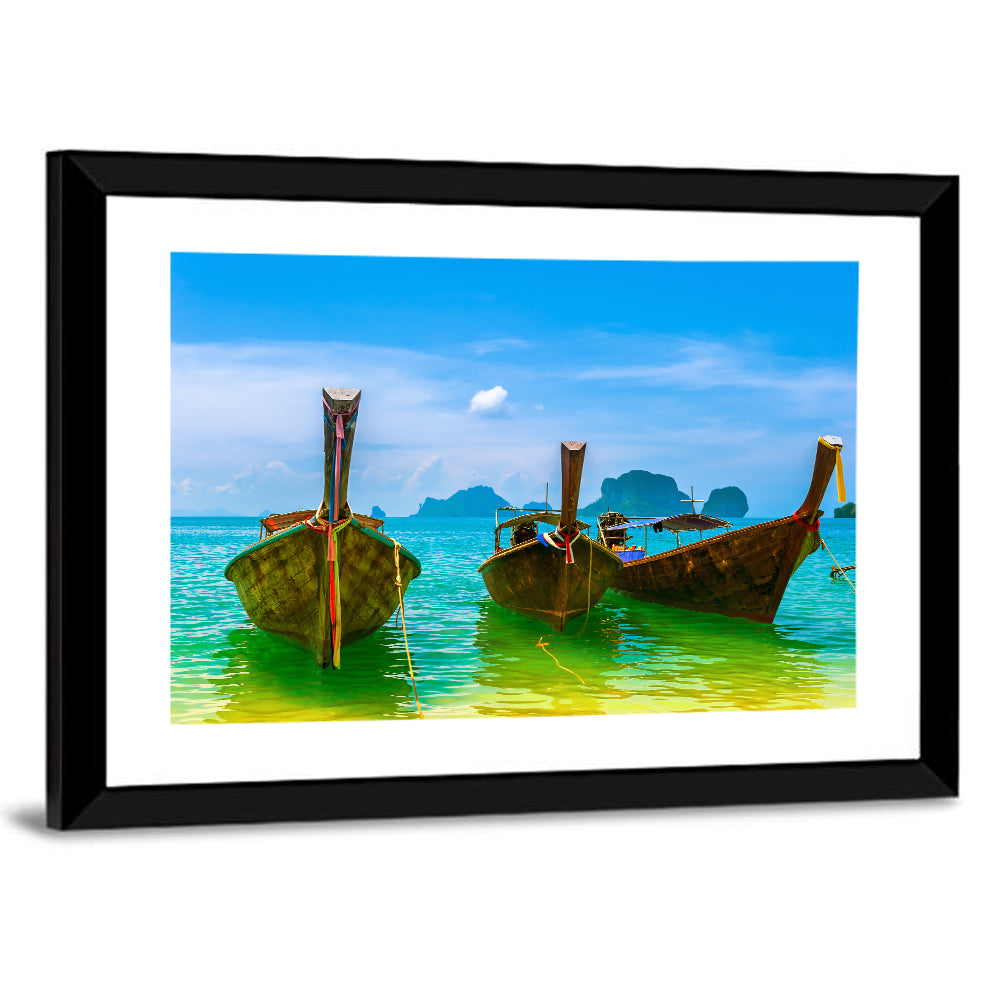 Three Long-tail Boats on Turquoise Water Wall Art