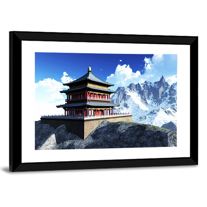 Sunlit Pagoda and Snow Peaks Wall Art as a framed print