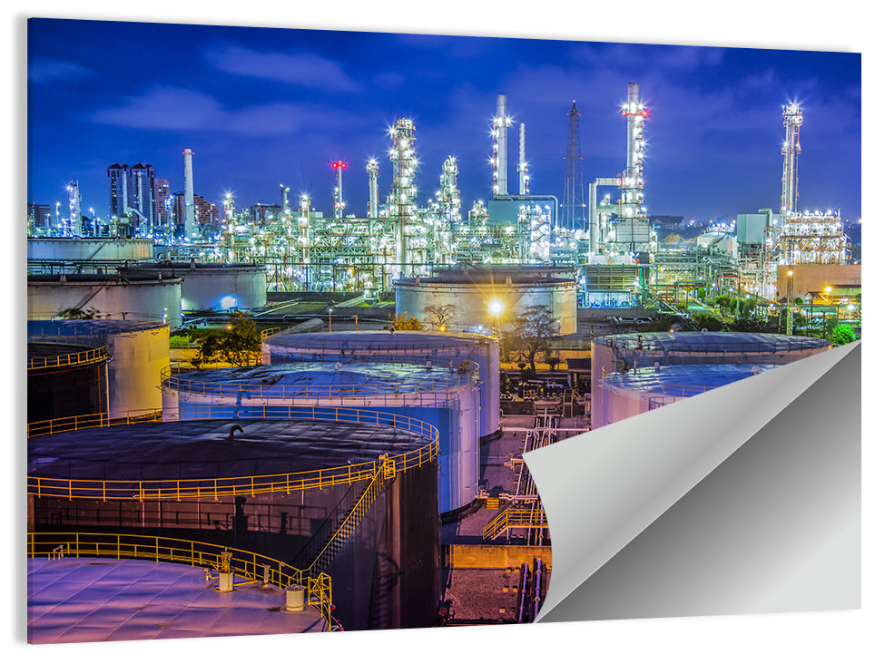 Illuminated Oil Refinery at Twilight Wall Art