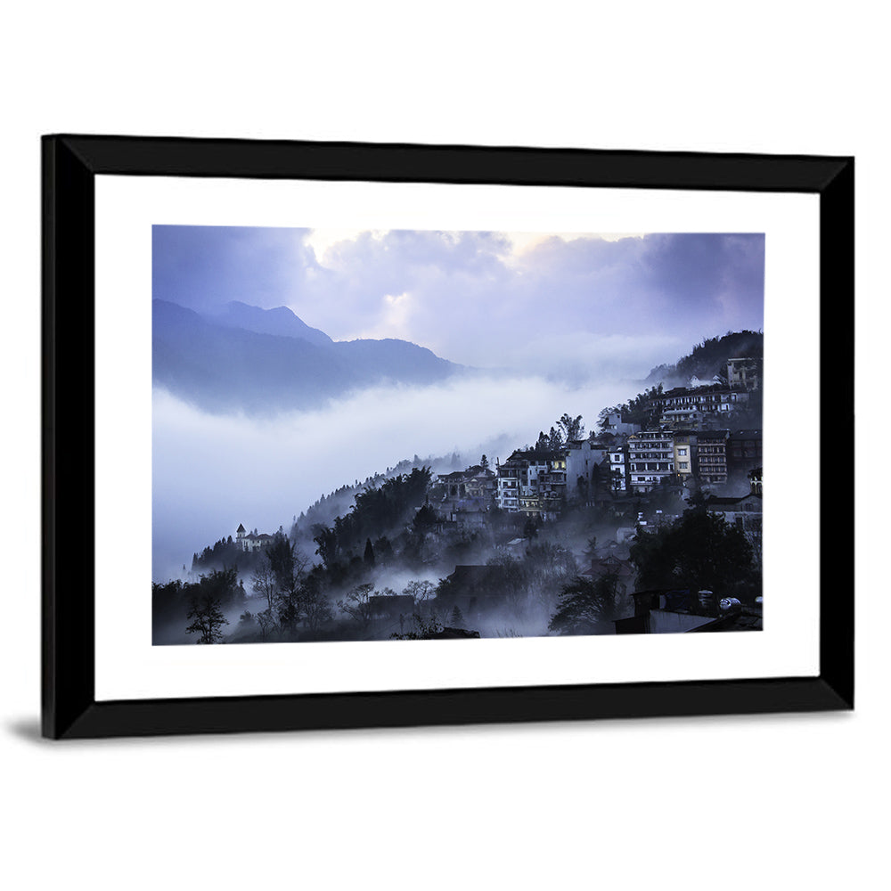 Misty Hillside Town Wall Art