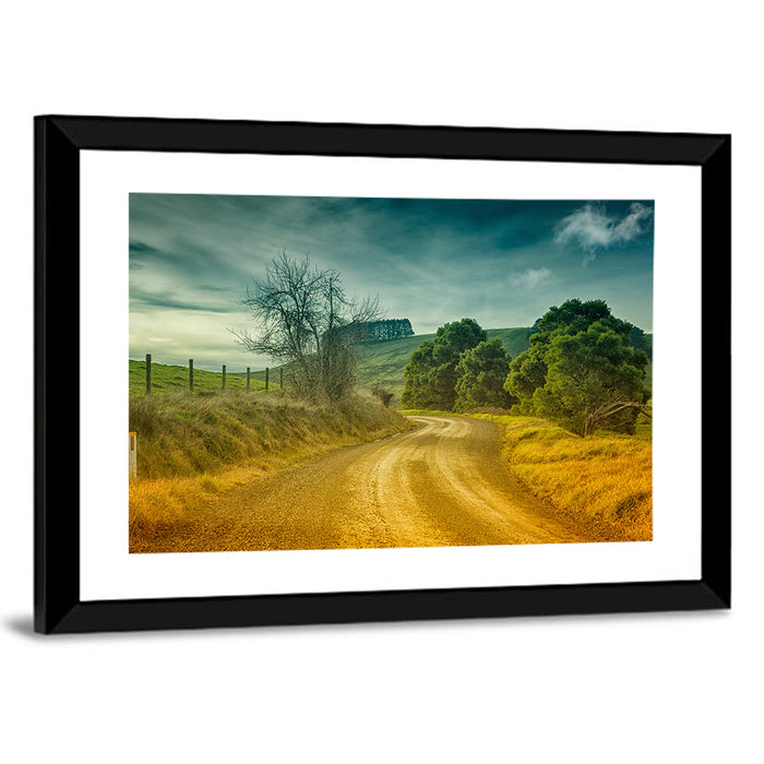 Golden Country Road Wall Art as a framed print
