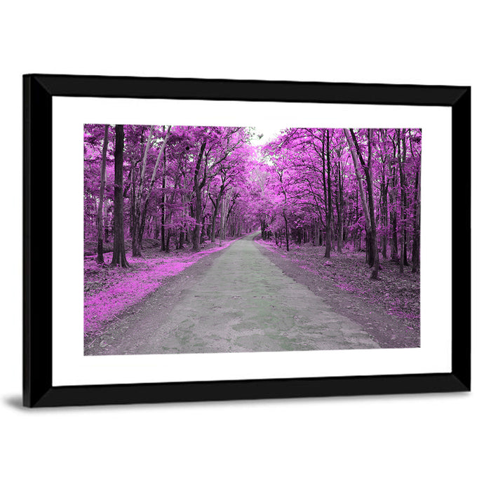 Magenta Autumn Forest Road Wall Art as a framed print