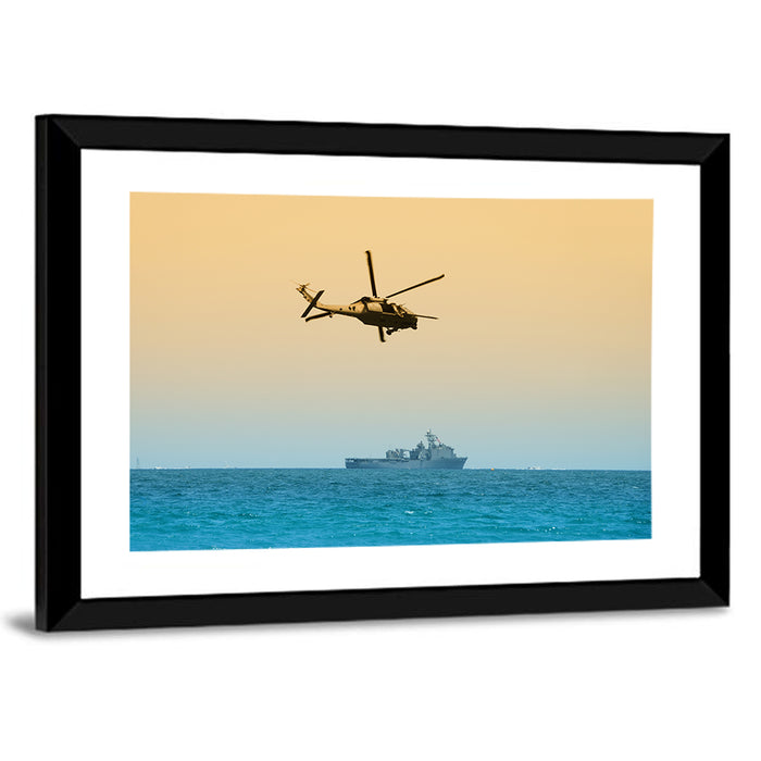 Helicopter Over Warship at Sea Wall Art as a framed print